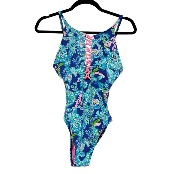 Lilly Pulitzer Swimsuit Size 4 Mealy One Piece Blue Turtle Villa Lattice - Picture 1 of 6